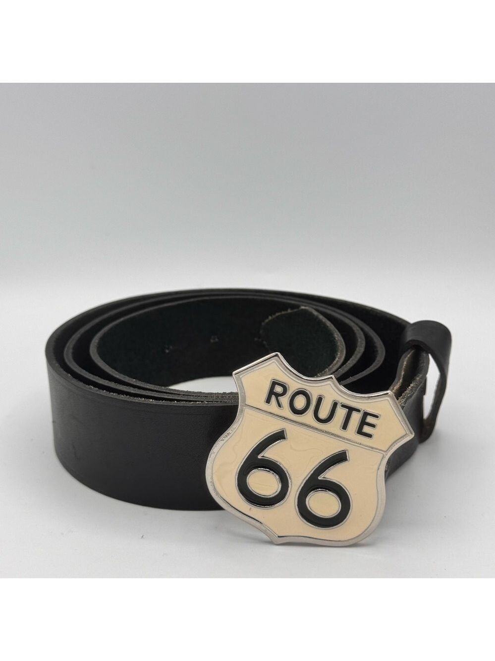 Vintage Black Leather Belt with Y2K Route 66 Enamel Buckle Fits 35–43”